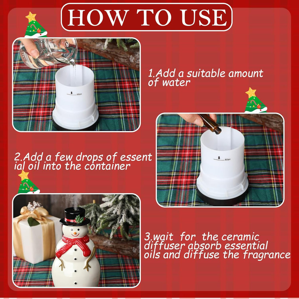 Christmas Essential Oil Diffuser 120Ml Ceramic Snowman Aromatherapy Humidifier, Holiday Diffuser Gift, Xmas Stocking Stuffer, Cute Tabletop Christmas Decoration for Home Office Winter