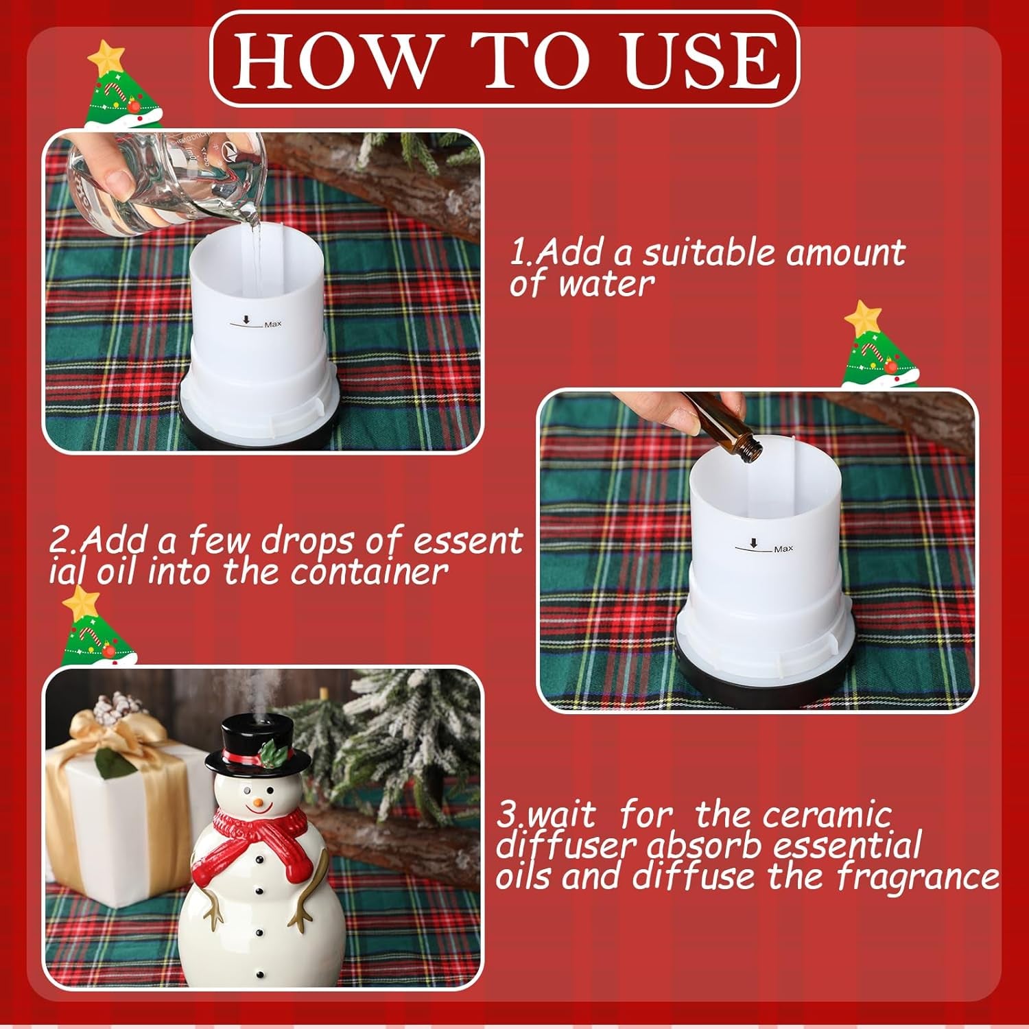 Christmas Essential Oil Diffuser 120Ml Ceramic Snowman Aromatherapy Humidifier, Holiday Diffuser Gift, Xmas Stocking Stuffer, Cute Tabletop Christmas Decoration for Home Office Winter