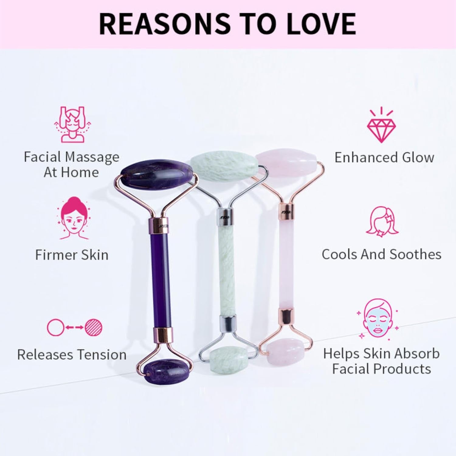 Face Massage Rollers - Enhances Glow and Firms Skin - Helps Absorb Facial Products - Releases Tension - Rose Quartz - 1 Pc