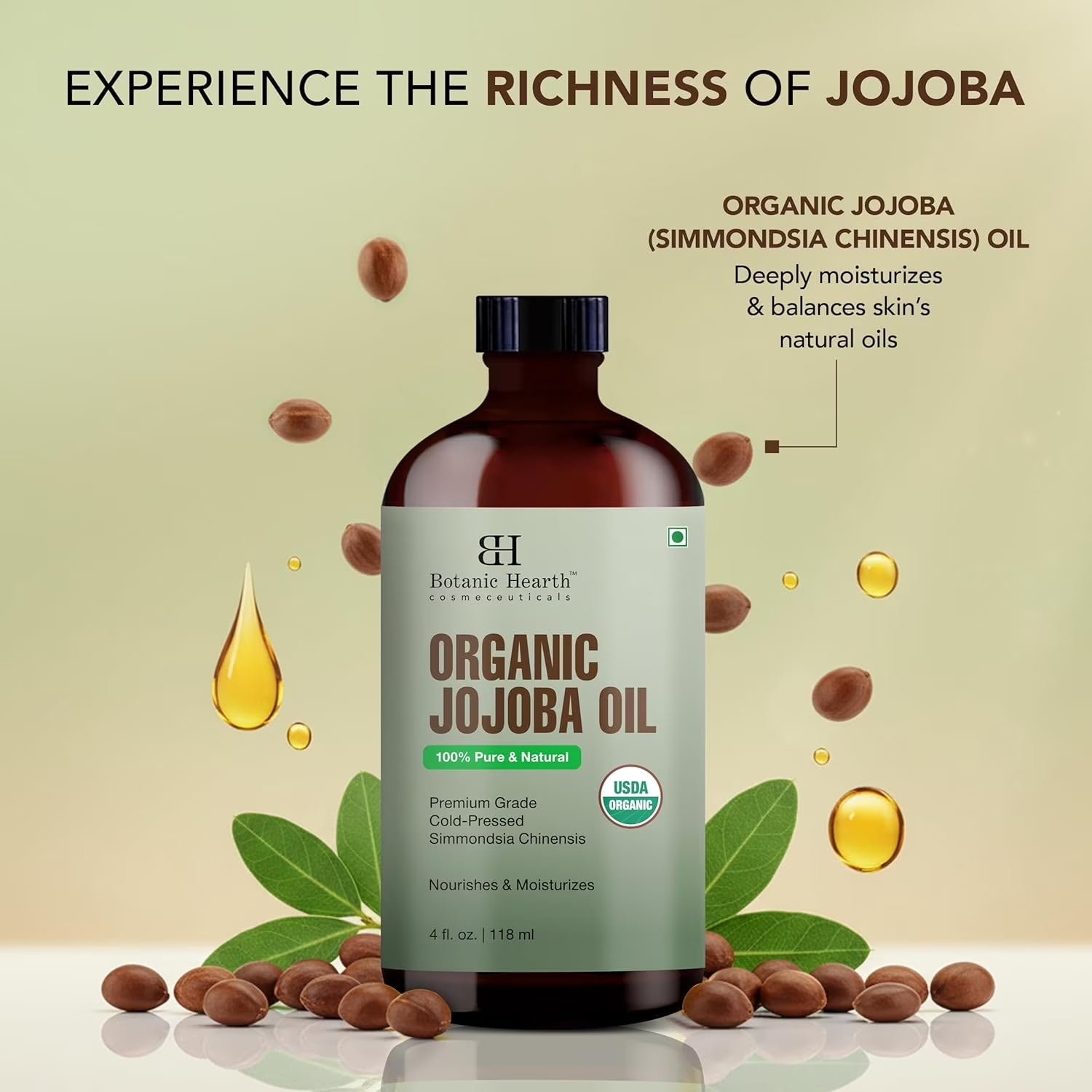 100% Pure Jojoba Oil for Skin, Hair & Scalp | Cold Pressed, Deeply Moisturizing, Balances Natural Oils | Face, Body & Hair Care | 4 Fl Oz
