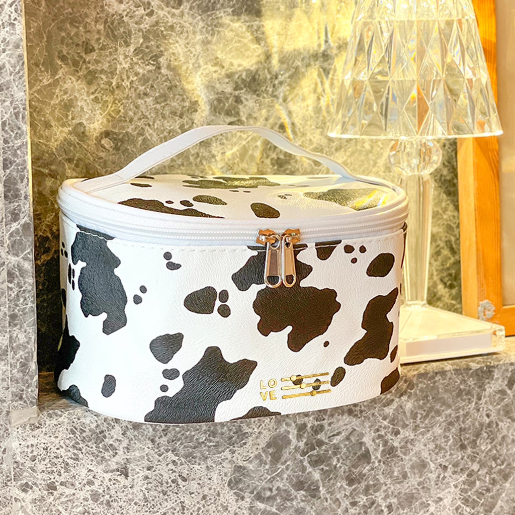 Travel Waterproof Women Girls Cosmetic Pouch Organizer Makeup Bag with Zipper, Cow Print