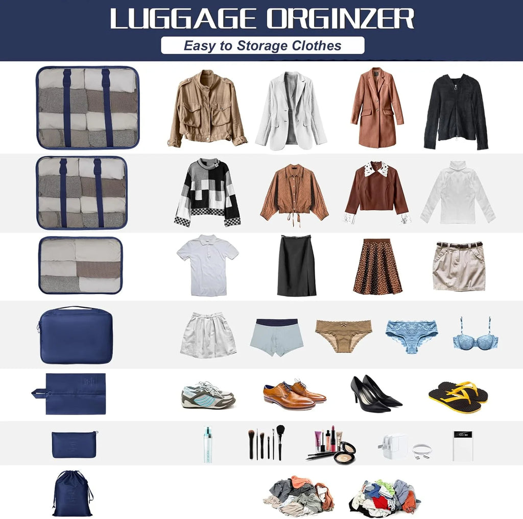 Packing Cubes 9 Set, Travel Packing Organizers with Large Toiletries Bag for Clothes Shoes, Navy Blue