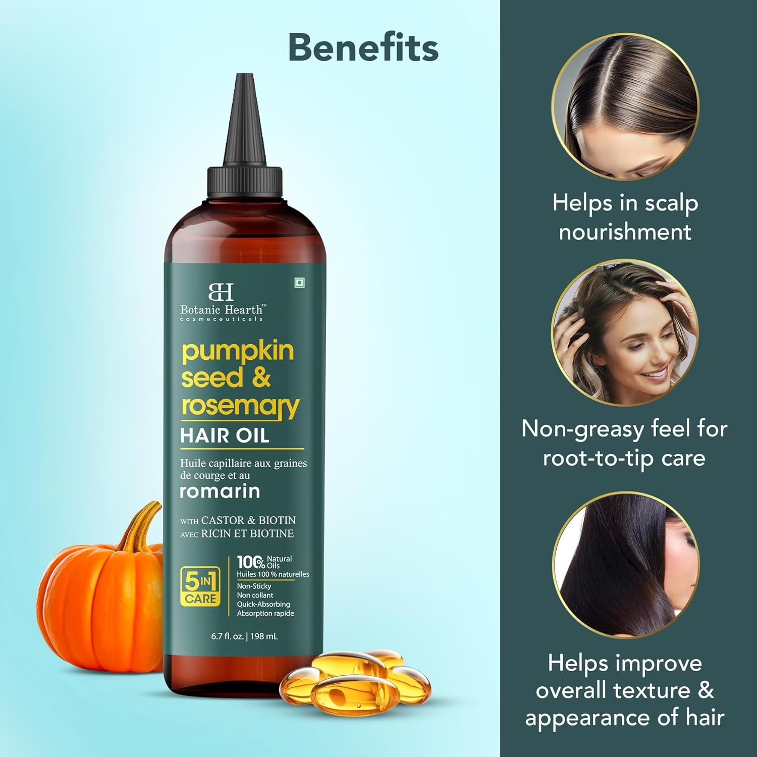 100% Pure Rosemary Pumpkin Seed Oil for Hair Growth, Strengthening Hair Oil for Dry, Damaged, Thinning Hair, Nourishing Hair Tonic for Stronger & Healthier Scalp, Hair Serum, 6.7 Fl Oz