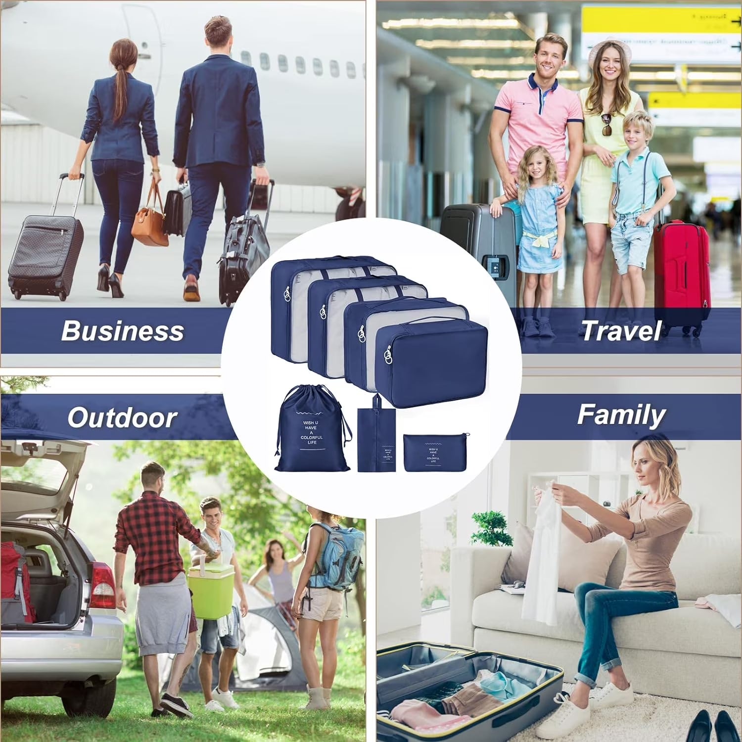 Packing Cubes 9 Set, Travel Packing Organizers with Large Toiletries Bag for Clothes Shoes, Navy Blue