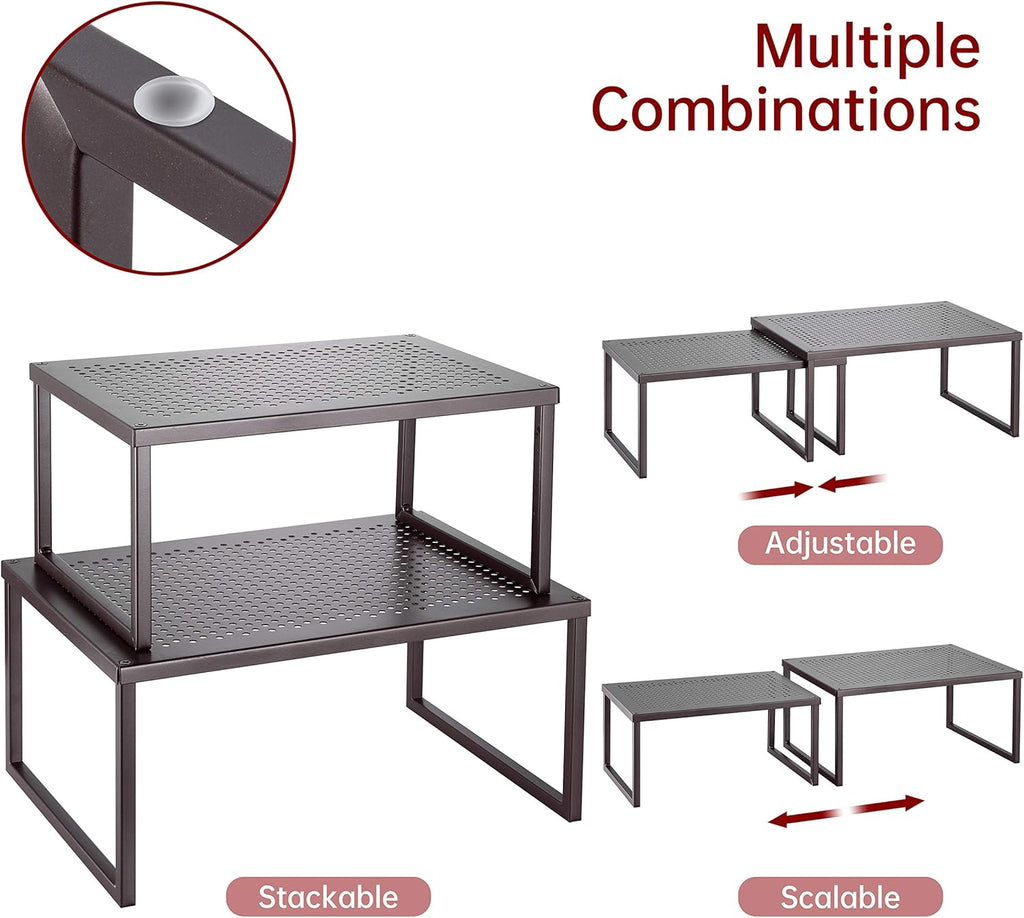 2 Pack  Cabinet Shelf Organizer, Kitchen Counter Shelf Rack for Pantry Organization, Expandable Stackable, Bronze