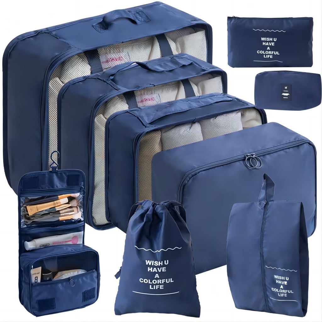 Packing Cubes 9 Set, Travel Packing Organizers with Large Toiletries Bag for Clothes Shoes, Navy Blue