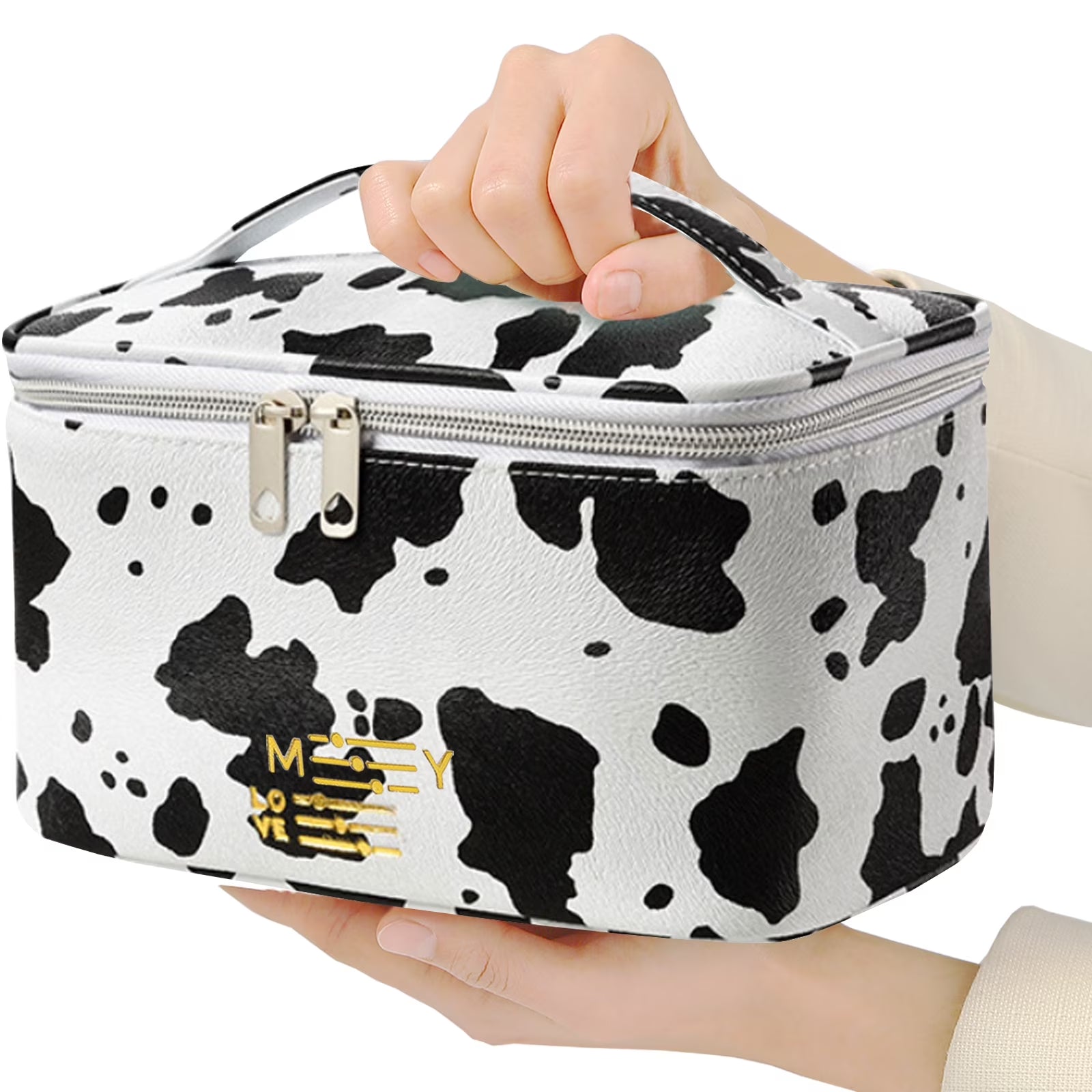 Travel Waterproof Women Girls Cosmetic Pouch Organizer Makeup Bag with Zipper, Cow Print