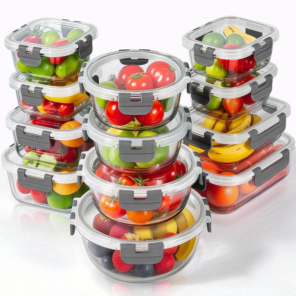12 Pcs Glass Storage Containers with Lids, Reusable for Kitchen Organization (12 Pcs,Gray)