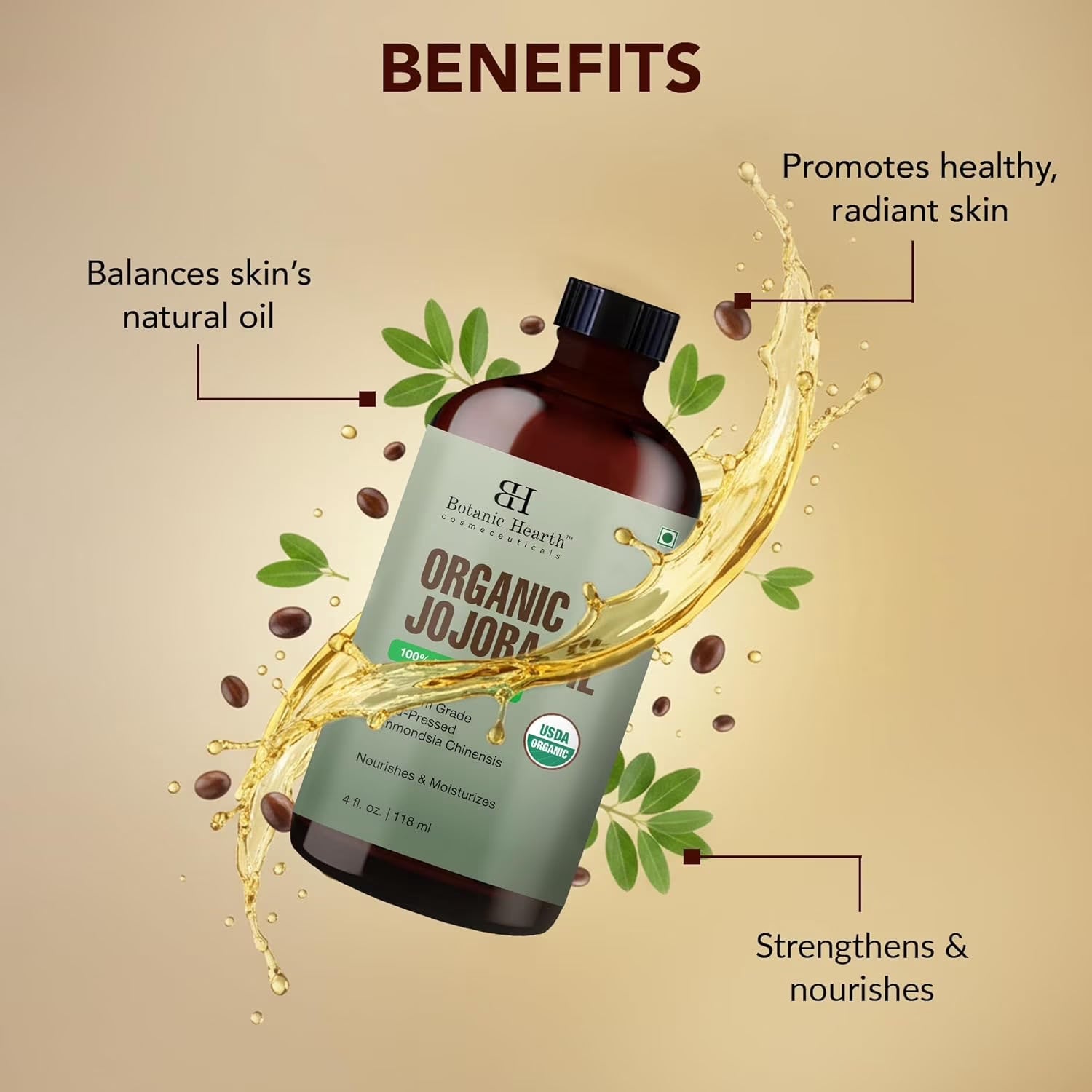 100% Pure Jojoba Oil for Skin, Hair & Scalp | Cold Pressed, Deeply Moisturizing, Balances Natural Oils | Face, Body & Hair Care | 4 Fl Oz