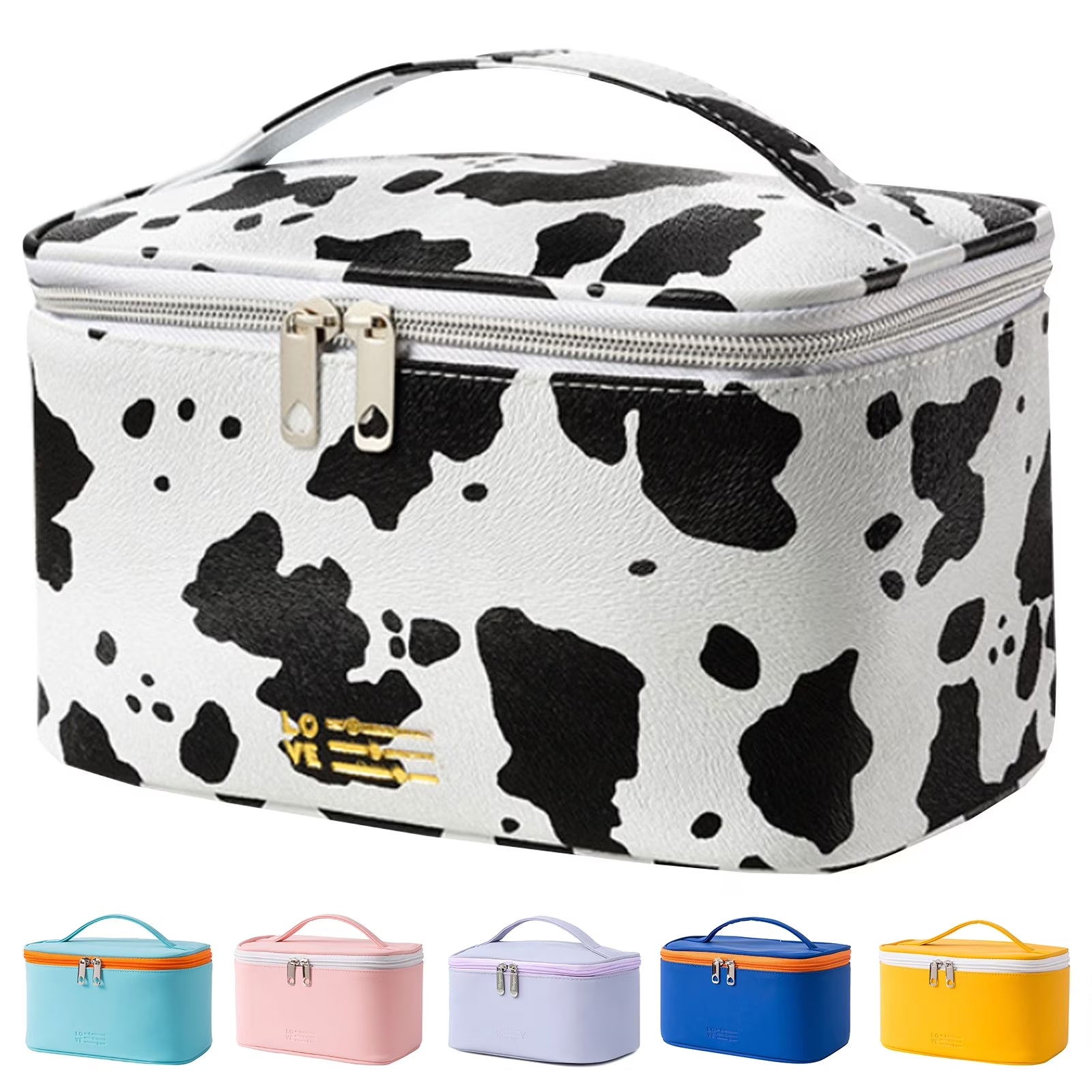 Travel Waterproof Women Girls Cosmetic Pouch Organizer Makeup Bag with Zipper, Cow Print