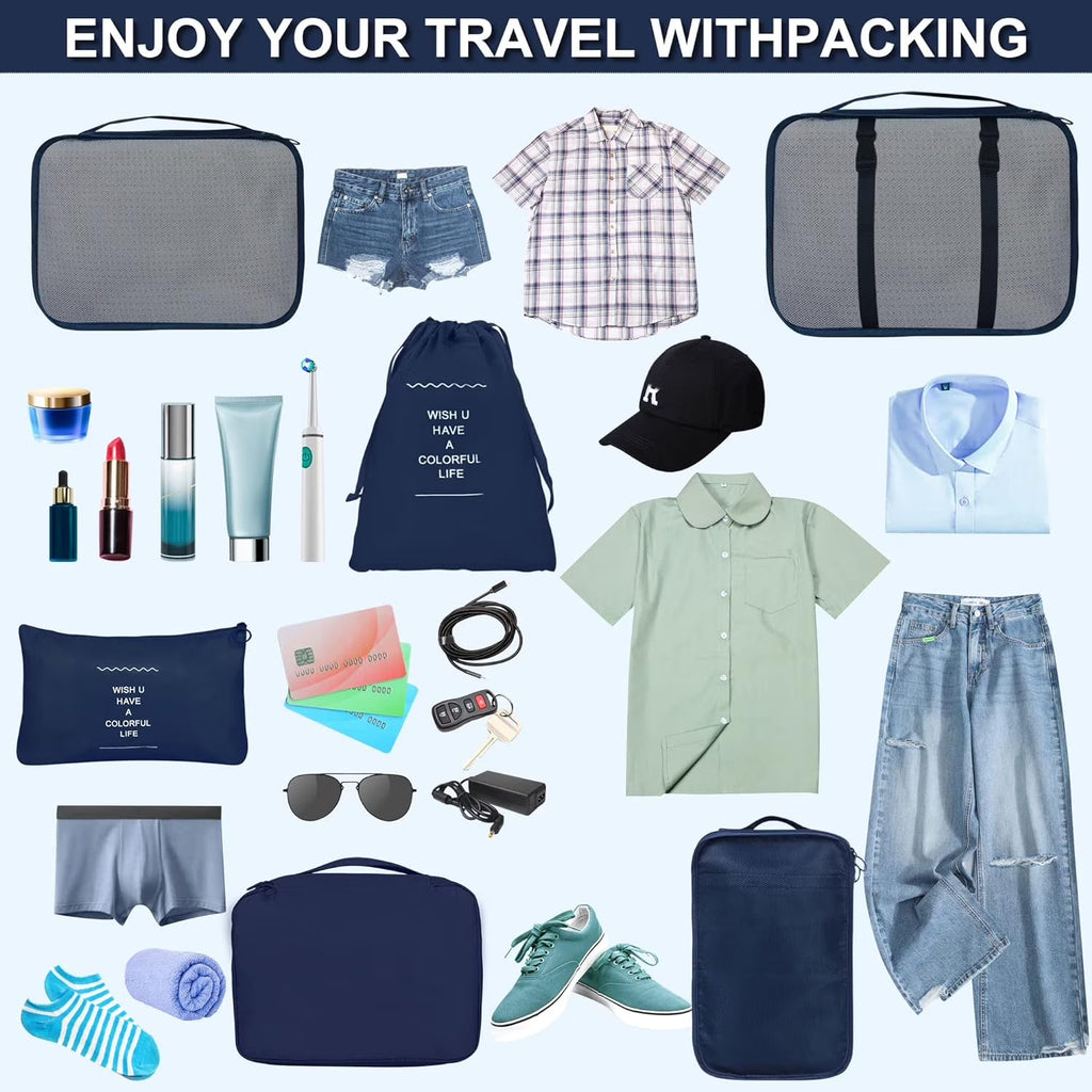 Packing Cubes 9 Set, Travel Packing Organizers with Large Toiletries Bag for Clothes Shoes, Navy Blue