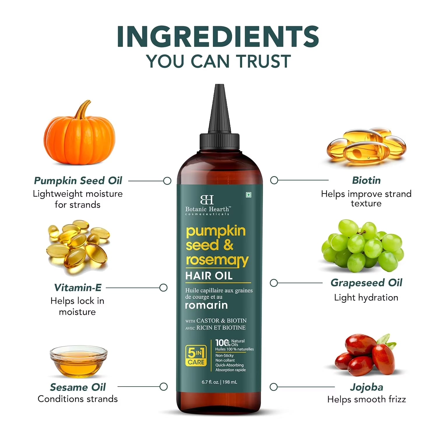 100% Pure Rosemary Pumpkin Seed Oil for Hair Growth, Strengthening Hair Oil for Dry, Damaged, Thinning Hair, Nourishing Hair Tonic for Stronger & Healthier Scalp, Hair Serum, 6.7 Fl Oz