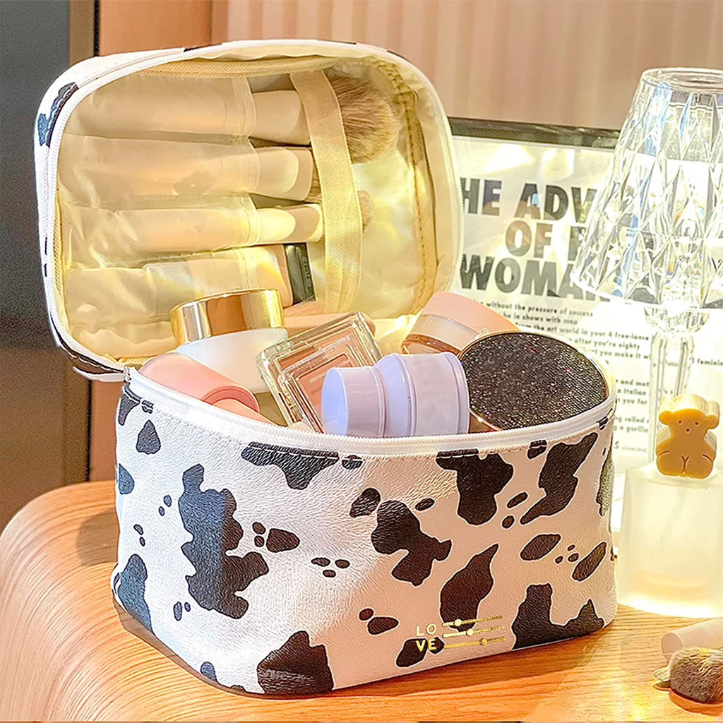 Travel Waterproof Women Girls Cosmetic Pouch Organizer Makeup Bag with Zipper, Cow Print