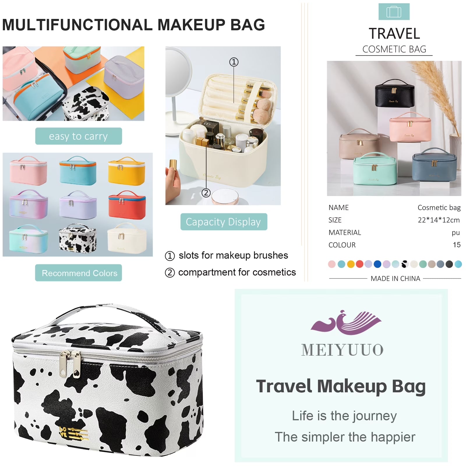 Travel Waterproof Women Girls Cosmetic Pouch Organizer Makeup Bag with Zipper, Cow Print