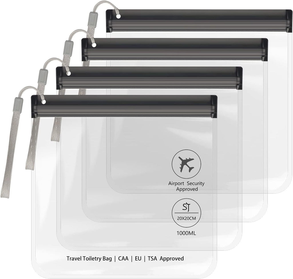 4Pcs Clear TSA Approved Security Toiletry Bag Quart Size for EU UK & US Carry-On Regulations Waterproof & Leakproof Travel Bags for Liquids