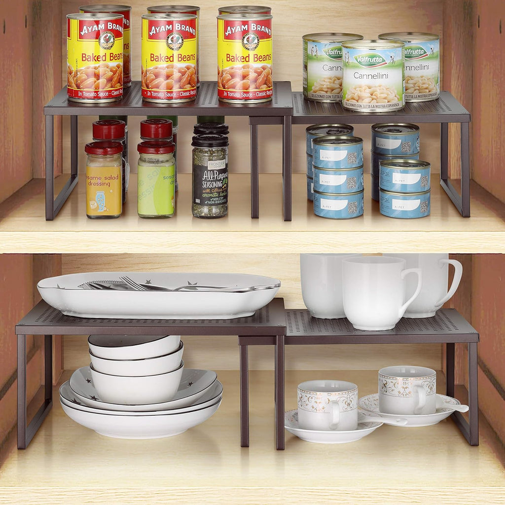 2 Pack  Cabinet Shelf Organizer, Kitchen Counter Shelf Rack for Pantry Organization, Expandable Stackable, Bronze