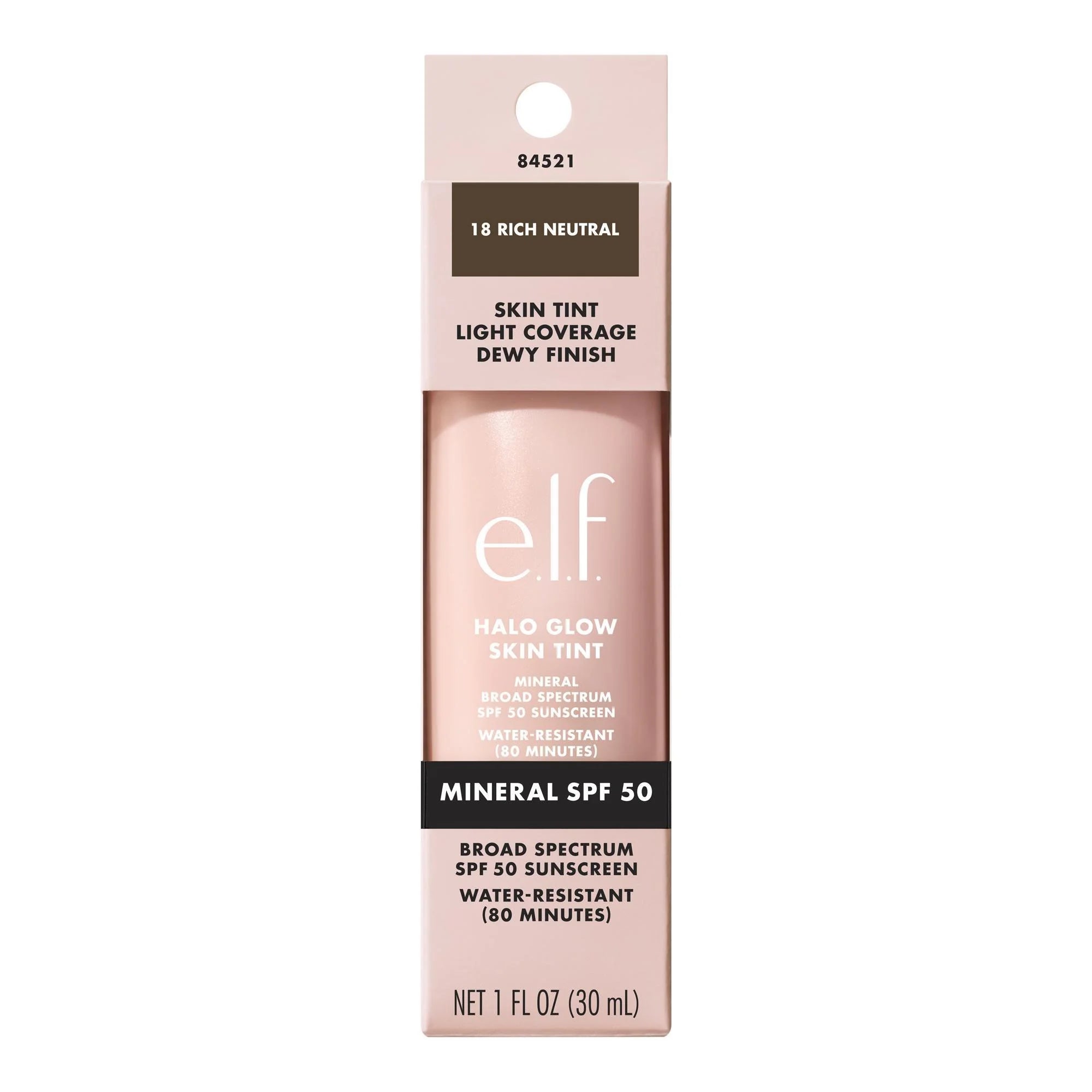 E.L.F. Halo Glow Skin Tint Mineral SPF 50, Tinted Moisturizer, 18 Rich Neutral, 1 Fl Oz