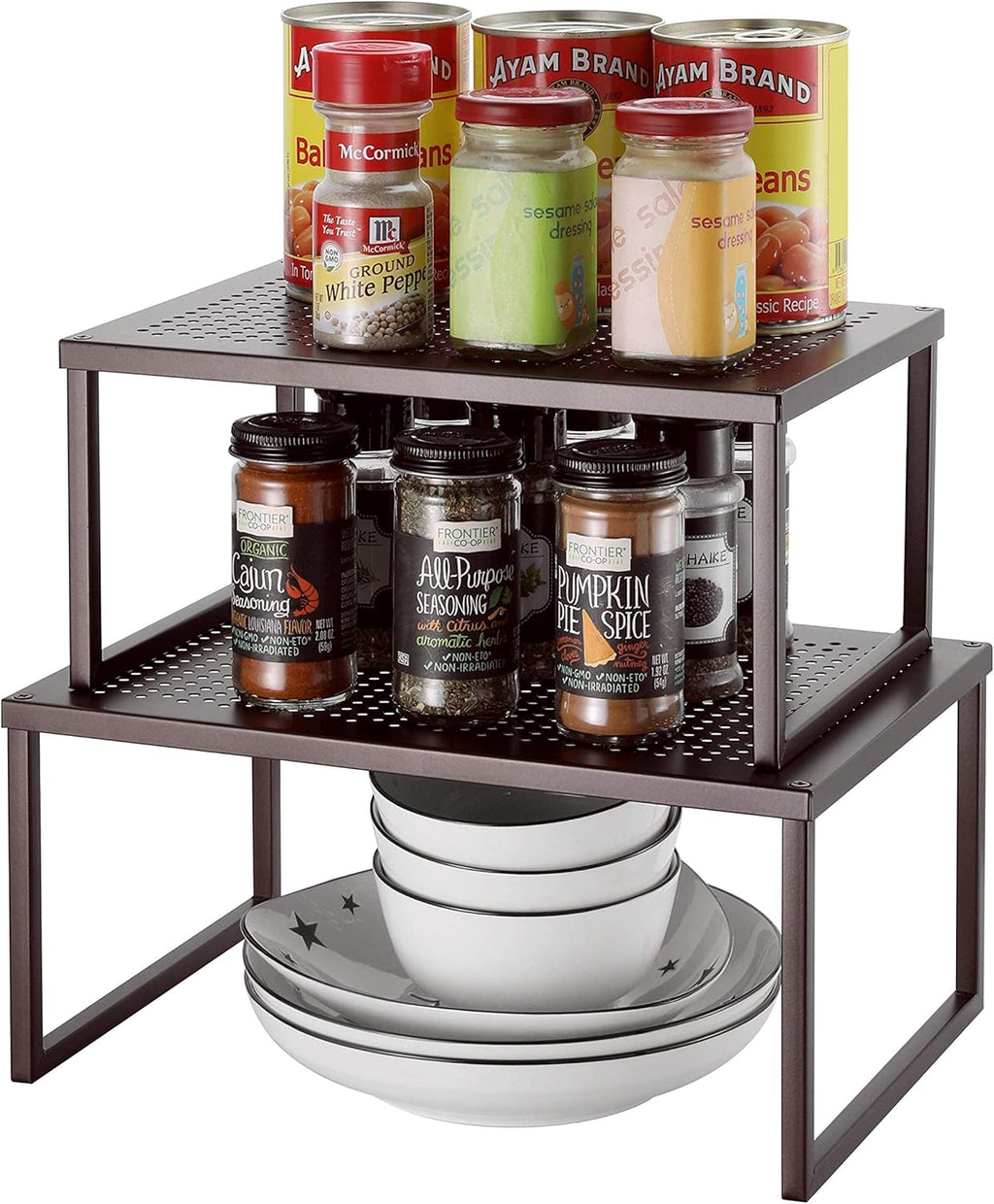 2 Pack  Cabinet Shelf Organizer, Kitchen Counter Shelf Rack for Pantry Organization, Expandable Stackable, Bronze