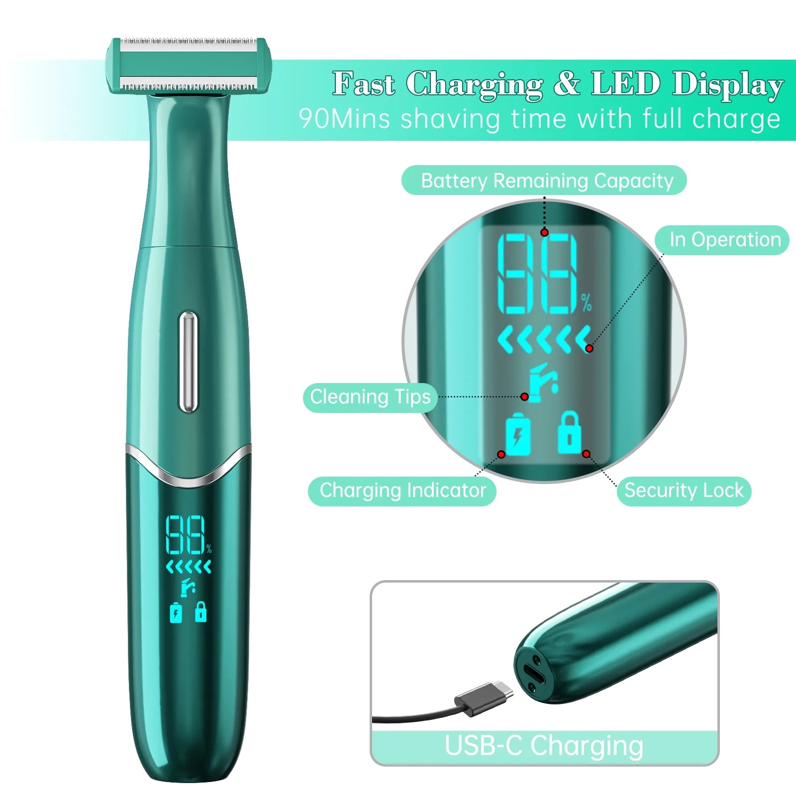 Electric Shaver for Women, 4-In-1 Electric Razor, Painless Lady Shaver Bikini Trimmer, Rechargeable Pubic Hair Removal W/ LED Display for Eyebrow Body Armpit Legs Bikini Area Underarms